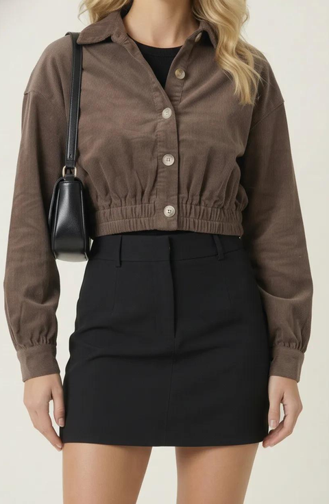 Cropped Collared Button-Up Stretch Hem Jacket