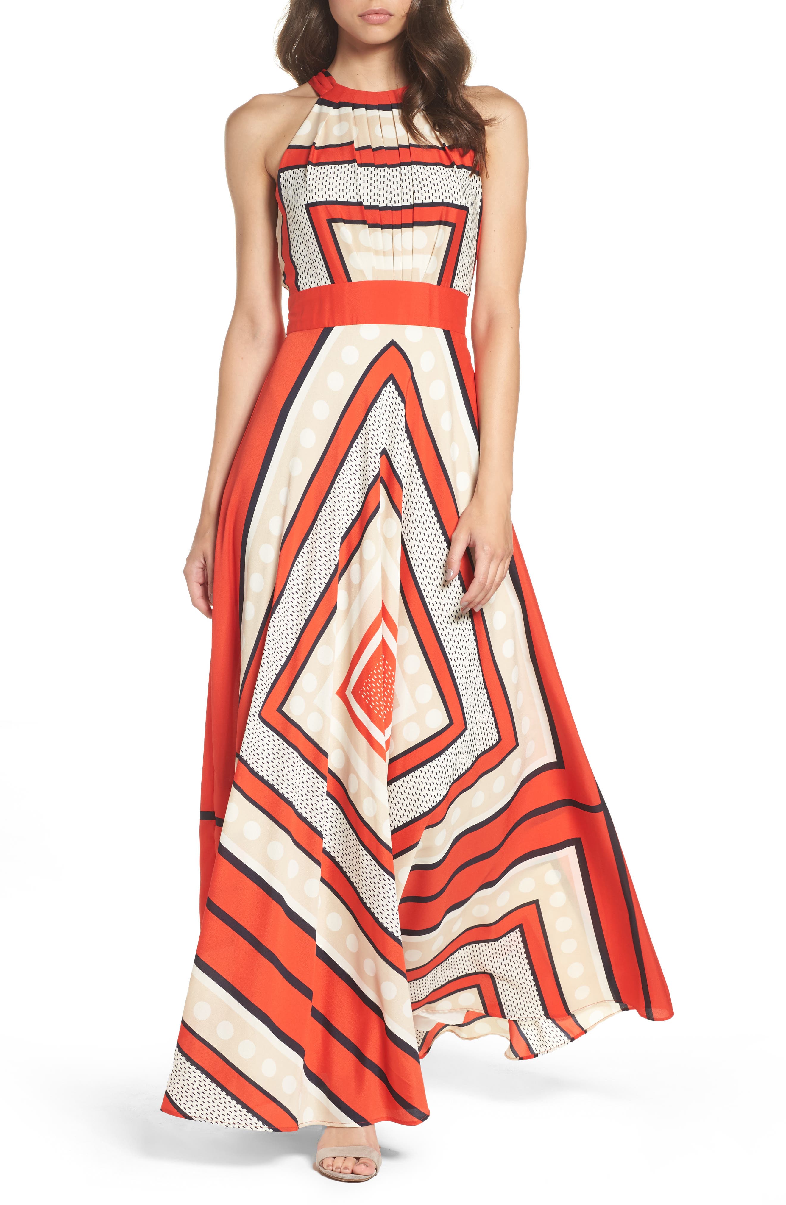eliza j scarf maxi dress ELIZA J Halter Neck Scarf Print Maxi Dress w/ Sash. Size 6