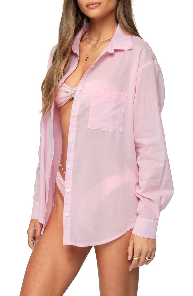 EDIKTED Kellen Oversize Cotton Button-Up Shirt, Alternate, color, Pink
