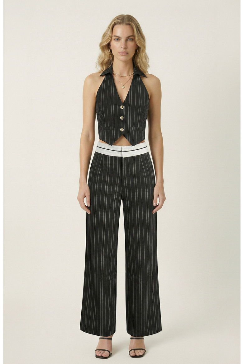 Pinstripe Halter Vest and Wide Leg Pants Set, Main, color, Black Pinstripe