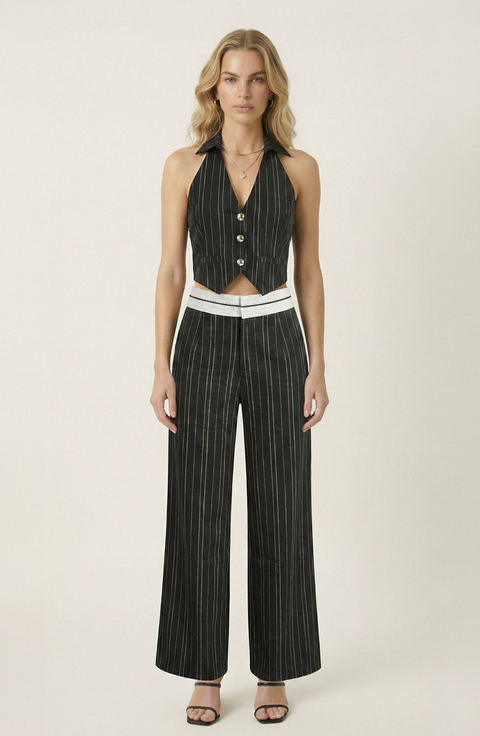 Pinstripe Halter Vest and Wide Leg Pants Set