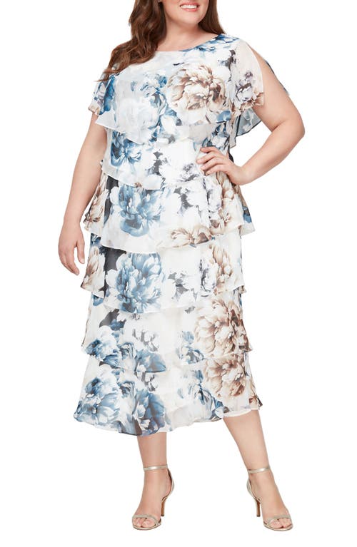 Sl Fashions Floral Tiered Midi Cocktail Dress In Ivory Multi