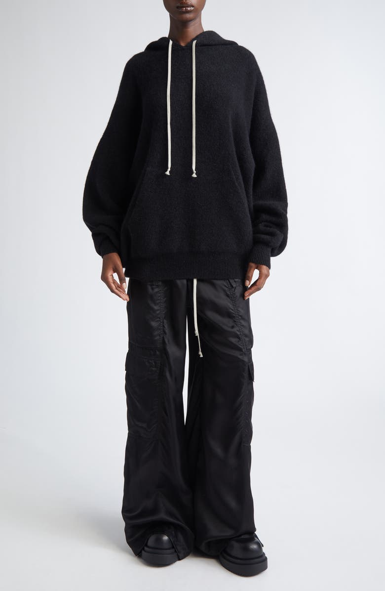 Rick Owens Hun Alpaca & Wool Blend Sweater Hoodie, Alternate, color, Black