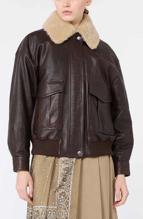 Genuine Shearling Collar Leather Bomber Jacket