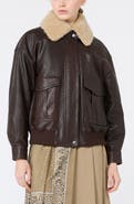 Weekend Max Mara Genuine Shearling Collar Leather Bomber Jacket