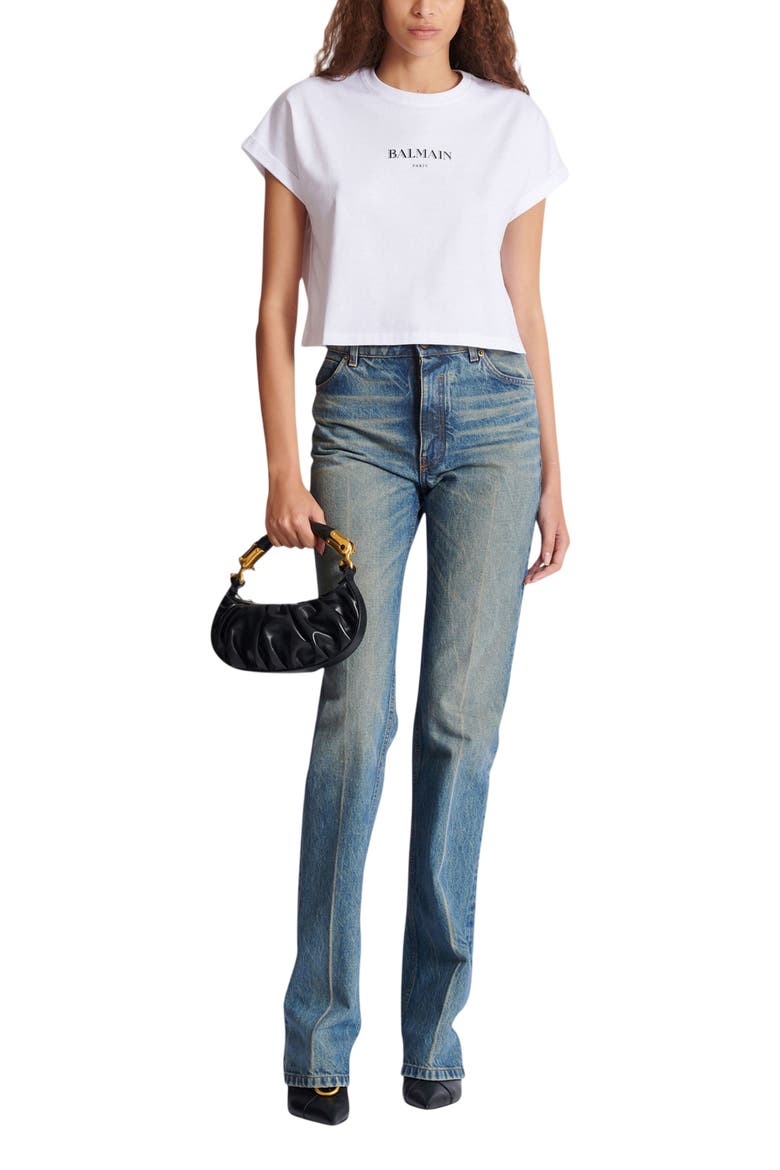 Cropped T-Shirt with Balmain Print, Alternate, color, white