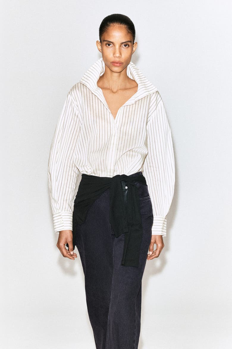 Striped Cotton-silk High-collar Shirt, Main, color, IVORY / BROWN / STRIPED