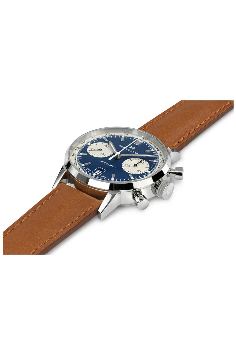 American Classic Automatic Chronograph Leather Strap Watch, 40mm, Alternate, color, BROWN/ BLUE/ SILVER