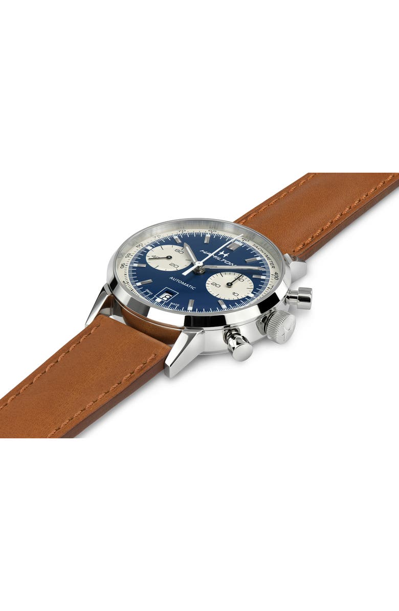 Hamilton American Classic Automatic Chronograph Leather Strap Watch, 40mm, Alternate, color, Brown/ Blue/ Silver