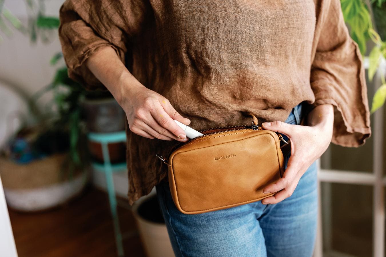 Made Free Leather Convertible Waistpack Handbag, Alternate, color, Camel