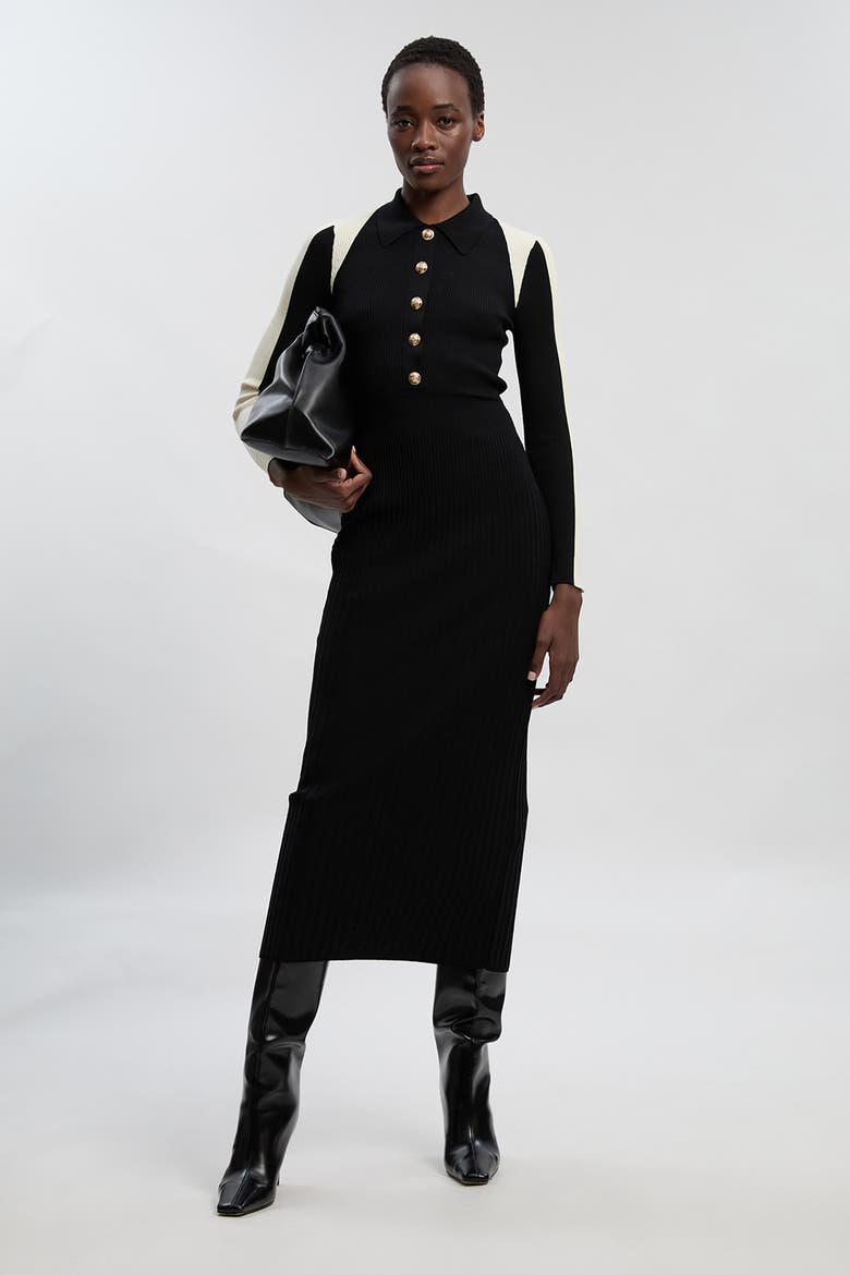 Rib Knit Long Sleeve Military Midi Dress, Main, color, Black