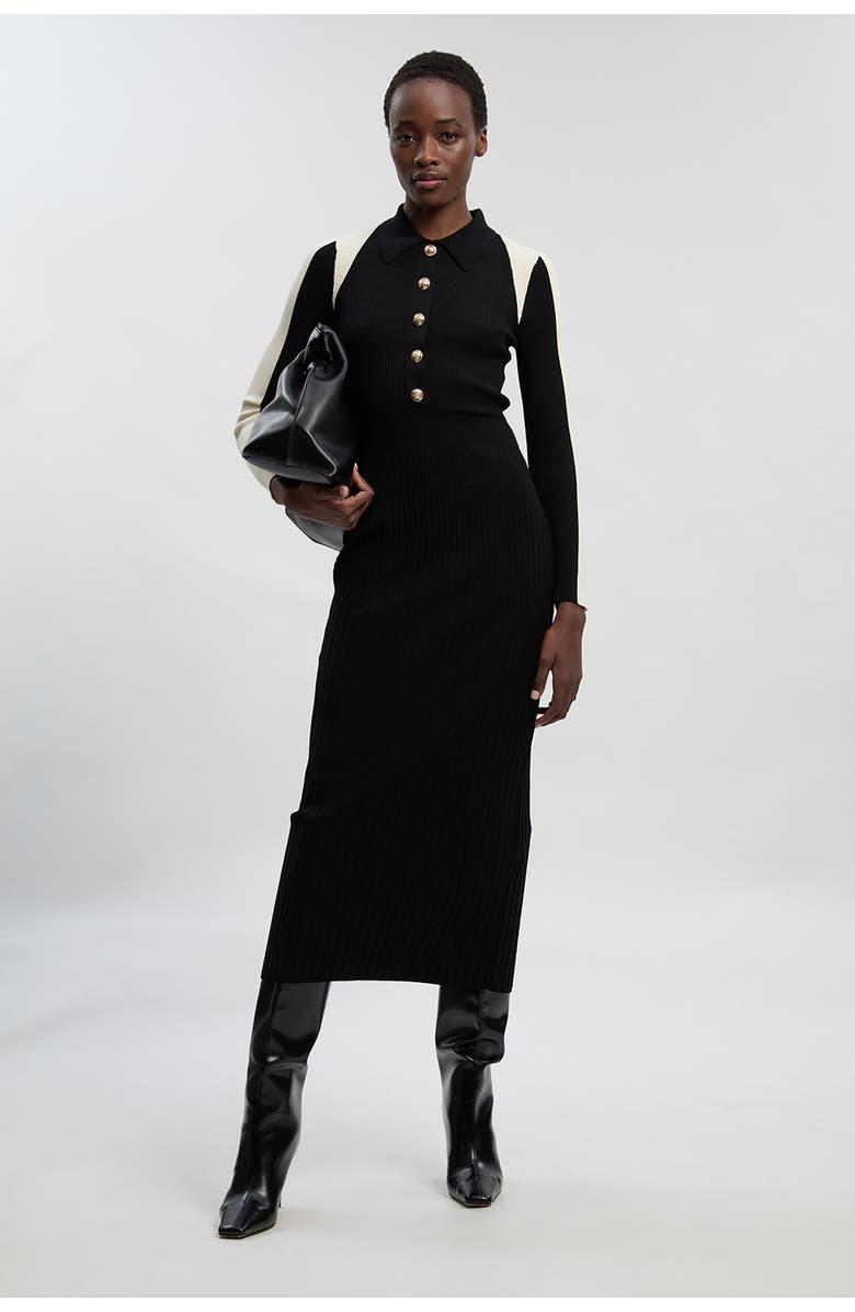 Karen Millen Rib Knit Long Sleeve Military Midi Dress, Main, color, Black