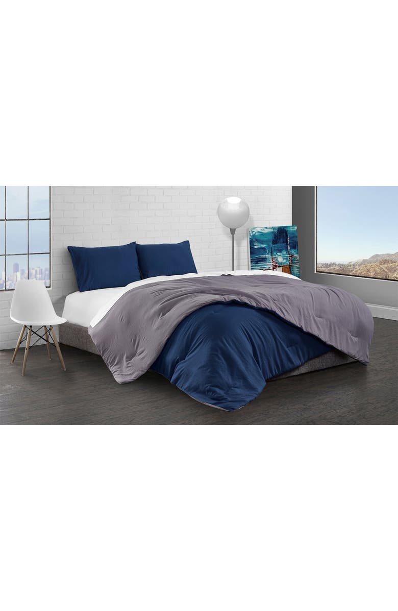 ELLA JAYNE HOME Reversible Brushed Microfiber Plush Down-Alt Comforter 3 Piece Set - King - Charcoal/Navy, Main, color, 