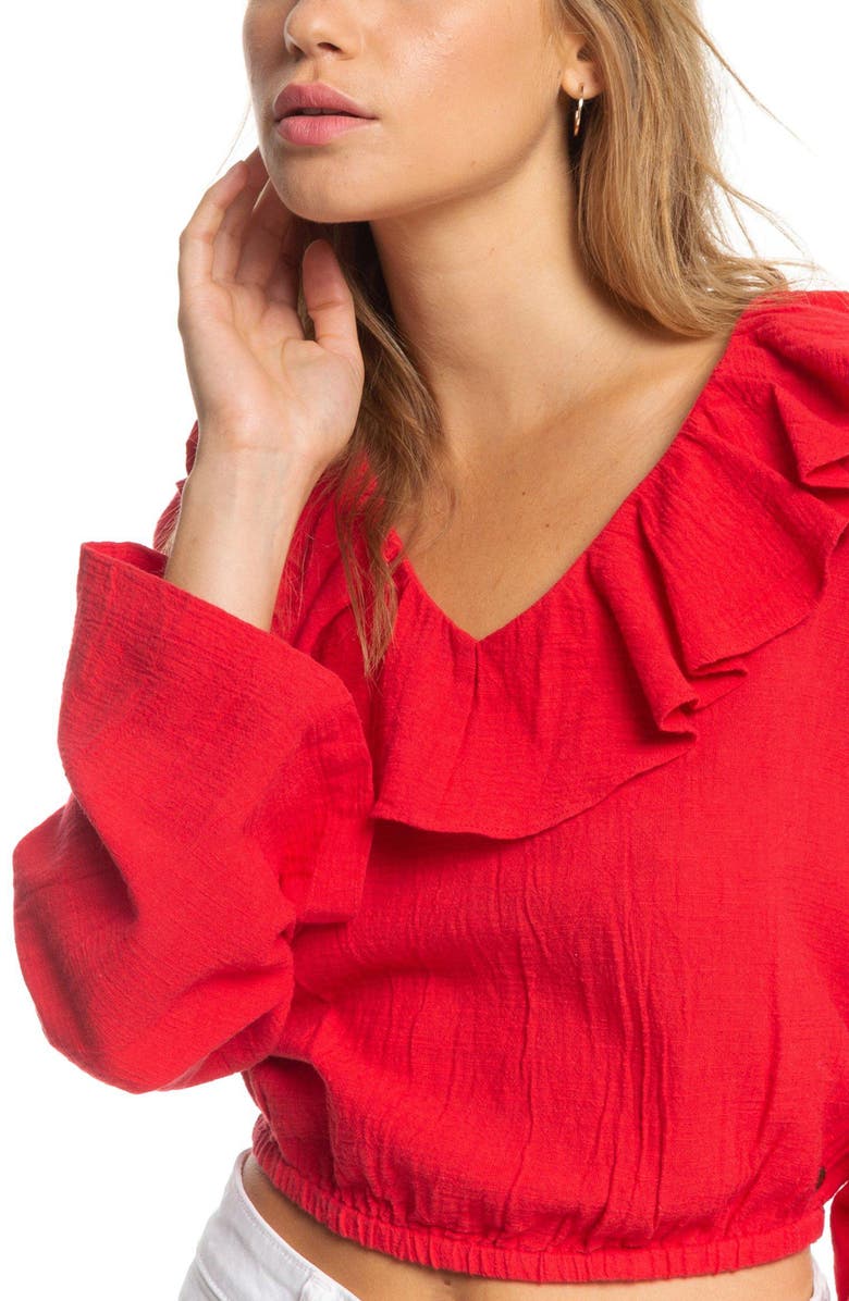 Roxy Paradise Is You Ruffle Trim Bell Sleeve Crop Top, Alternate, color,