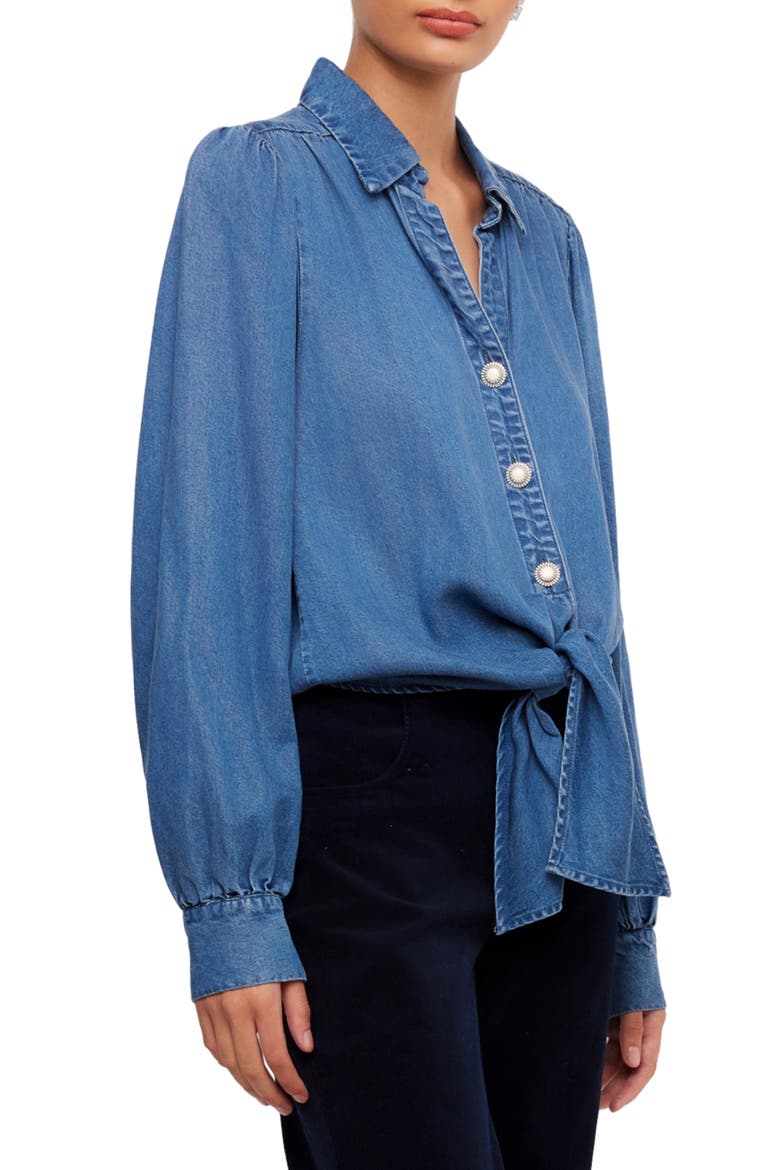 Tie Front Denim Top, Alternate, color, MEDIUM BLUE
