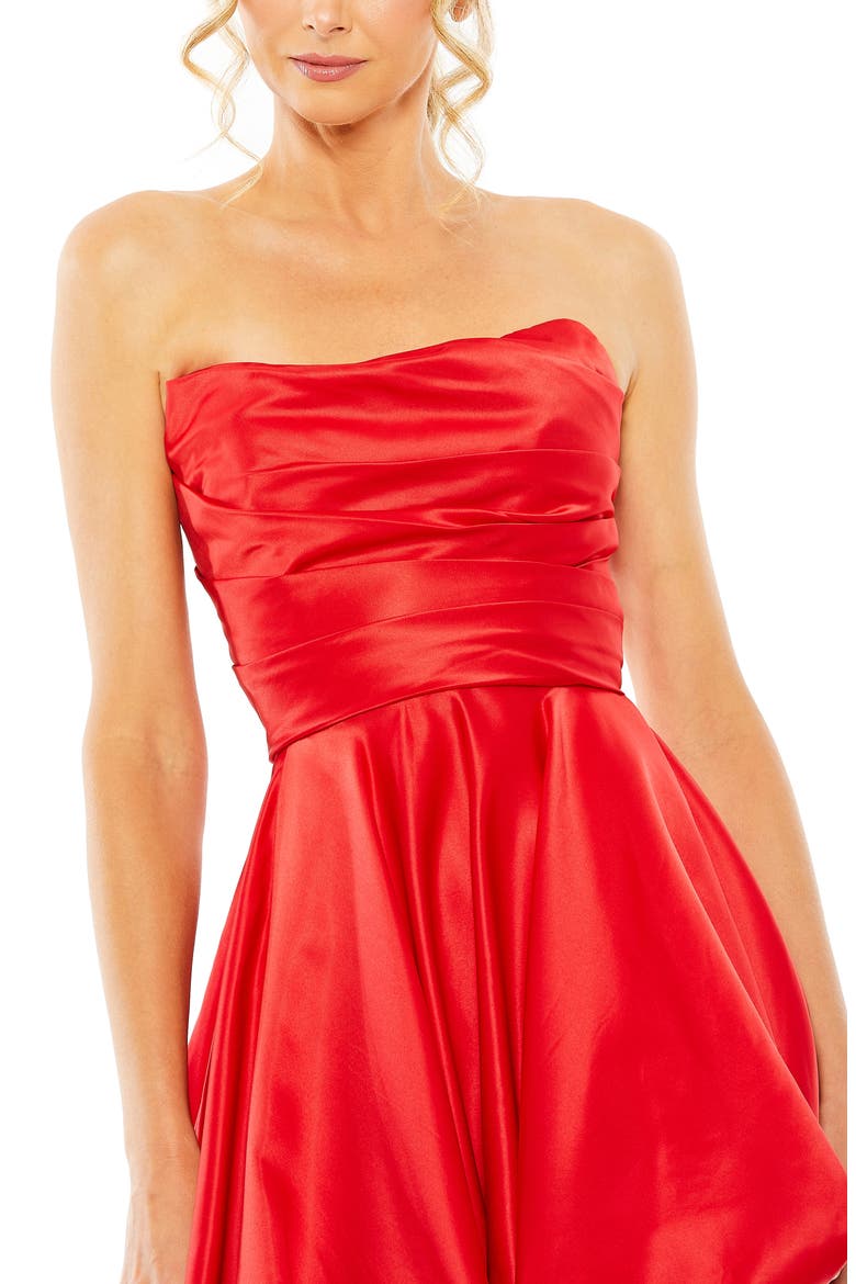 Asymmetrical High Low Strapless Ruched Gown, Alternate, color, RED