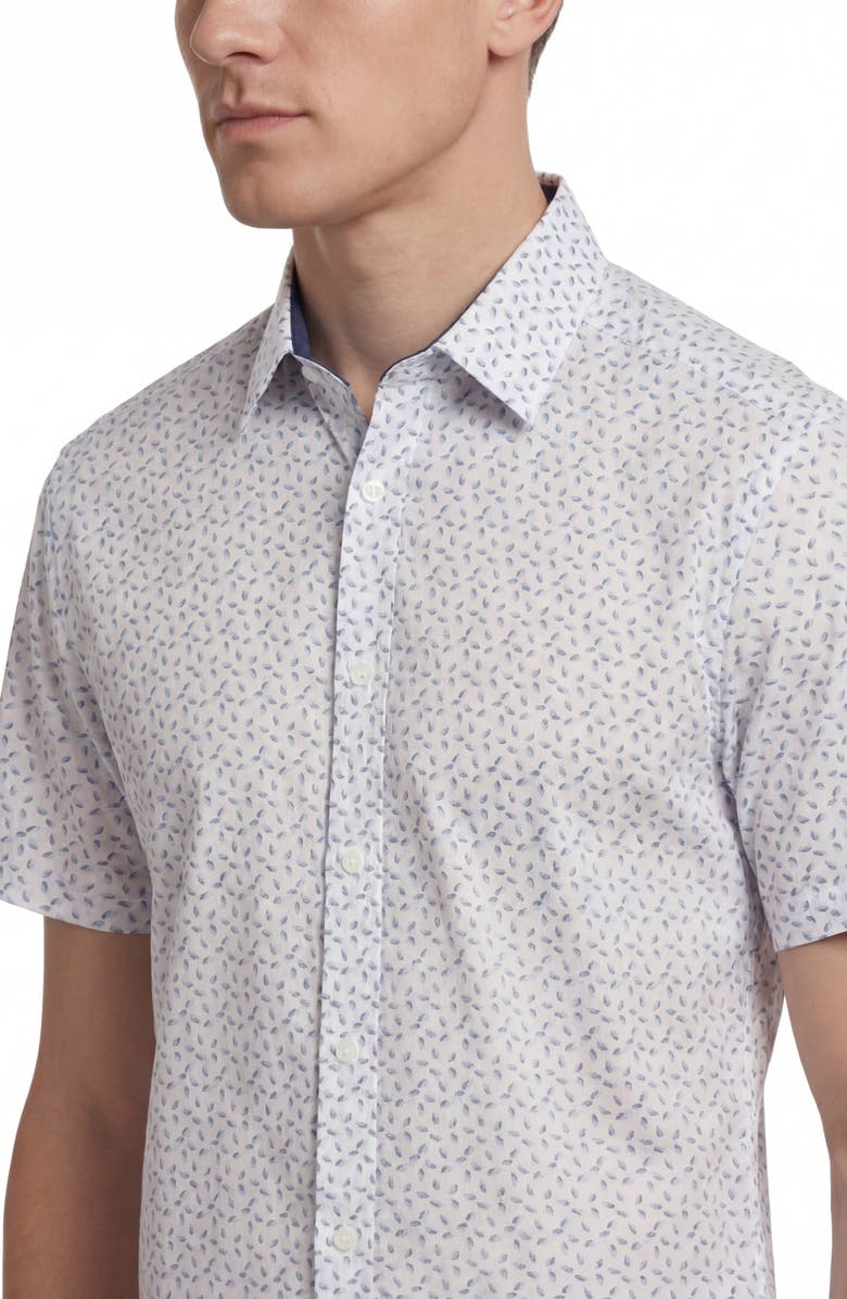 Report Collection Geo Print Short Sleeve Stretch Button-Up Shirt, Alternate, color, White