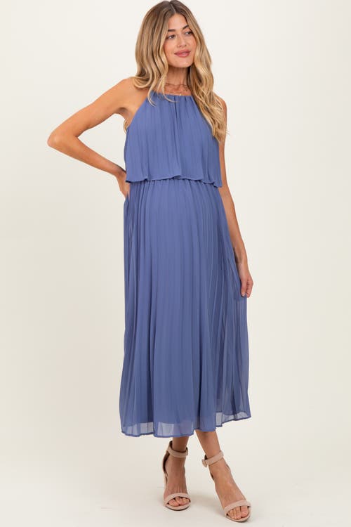 Pinkblush Pleated Woven Midi Dress In Blue