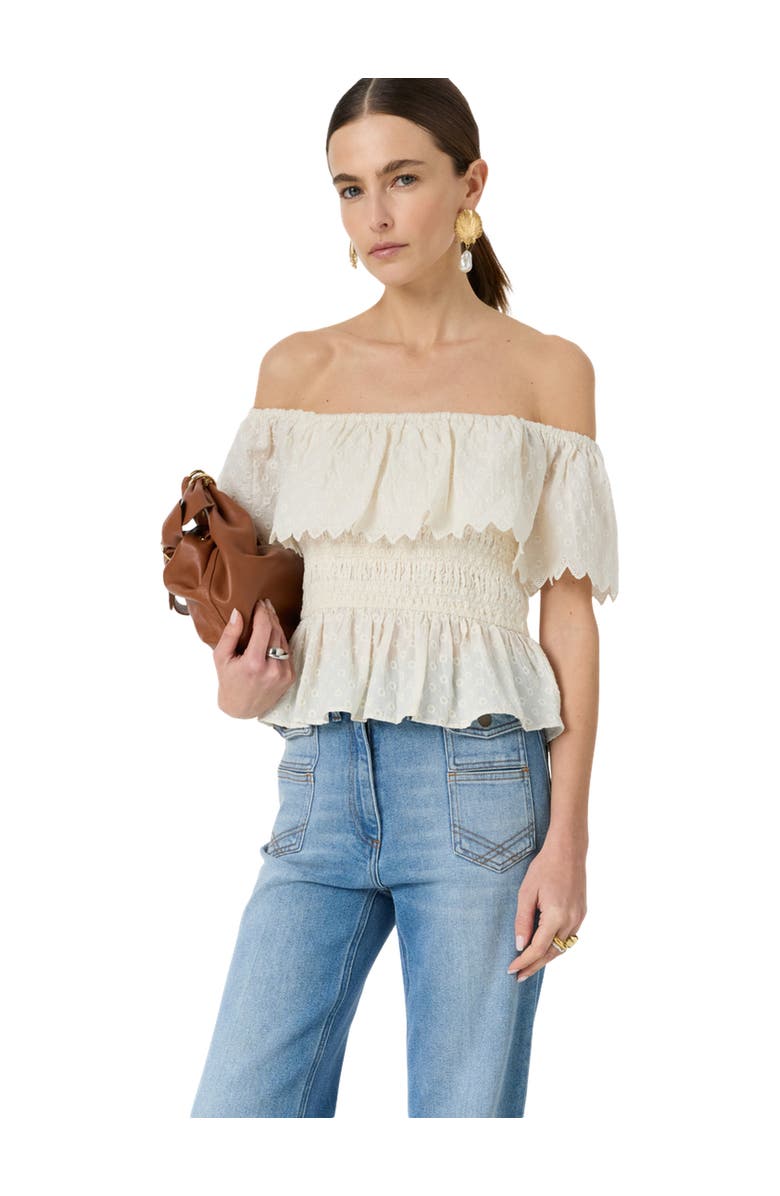 GERARD DAREL Smocked Bardot Ruffle Eyelet Blouse, Main, color, White