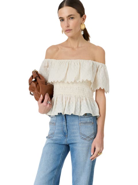 Smocked Bardot Ruffle Eyelet Blouse