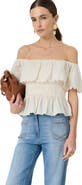GERARD DAREL Smocked Bardot Ruffle Eyelet Blouse