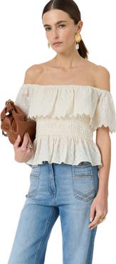 GERARD DAREL Smocked Bardot Ruffle Eyelet Blouse