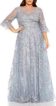 Mac Duggal High Neck Flutter Sleeve Embroidered A Line Gown