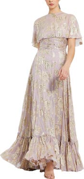 Mac Duggal Floral Print High Neck Cape Sleeve A Line Gown