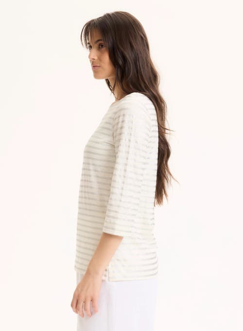 Majestic Filatures Stretch Linen Metallic Stripe 3/4 Sleeve Boatneck Tee In Neutral