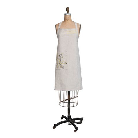 Cotton and Linen Printed Kitchen and Dining Apron with Hand-Embroidery Flower Design and French Knots