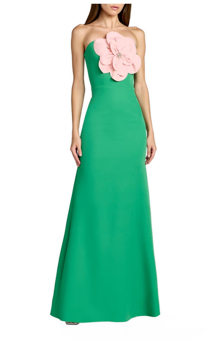 Mac Duggal Crepe Strapless Column Gown With 3D Flower, Main, color, Spring Green