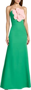 Mac Duggal Crepe Strapless Column Gown With 3D Flower