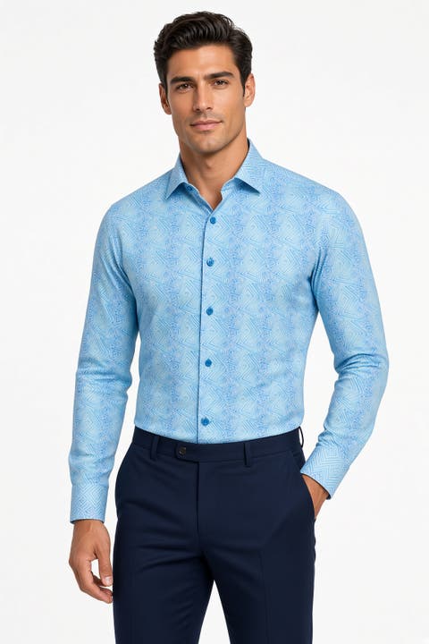 Faro Aqua Blue Geometric Pattern Button-Up Long Sleeve Shirt