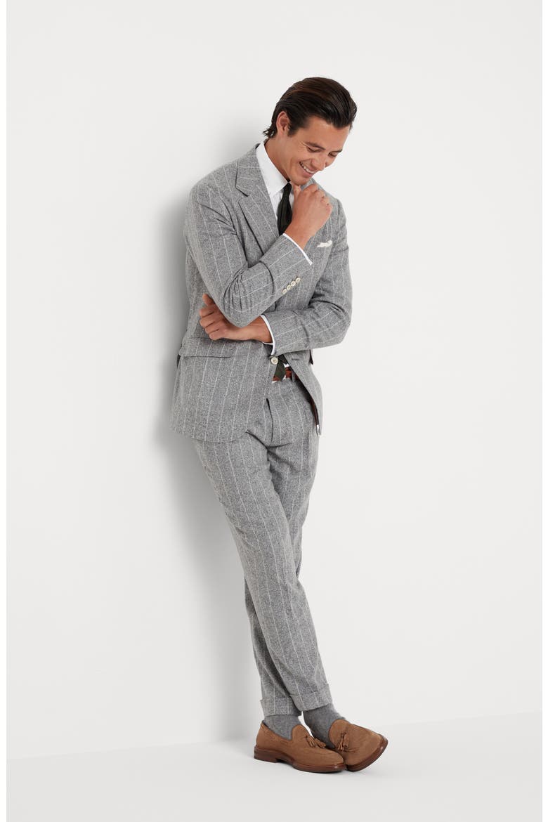 Flecked silk, wool and cashmere chalk stripe flannel leisure fit trousers with pleat, Alternate, color, Light Grey
