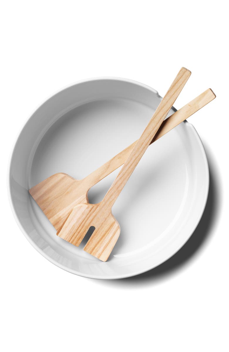 LSA Collective Salad Glass Bowl with Wooden Servers, Alternate, color, White