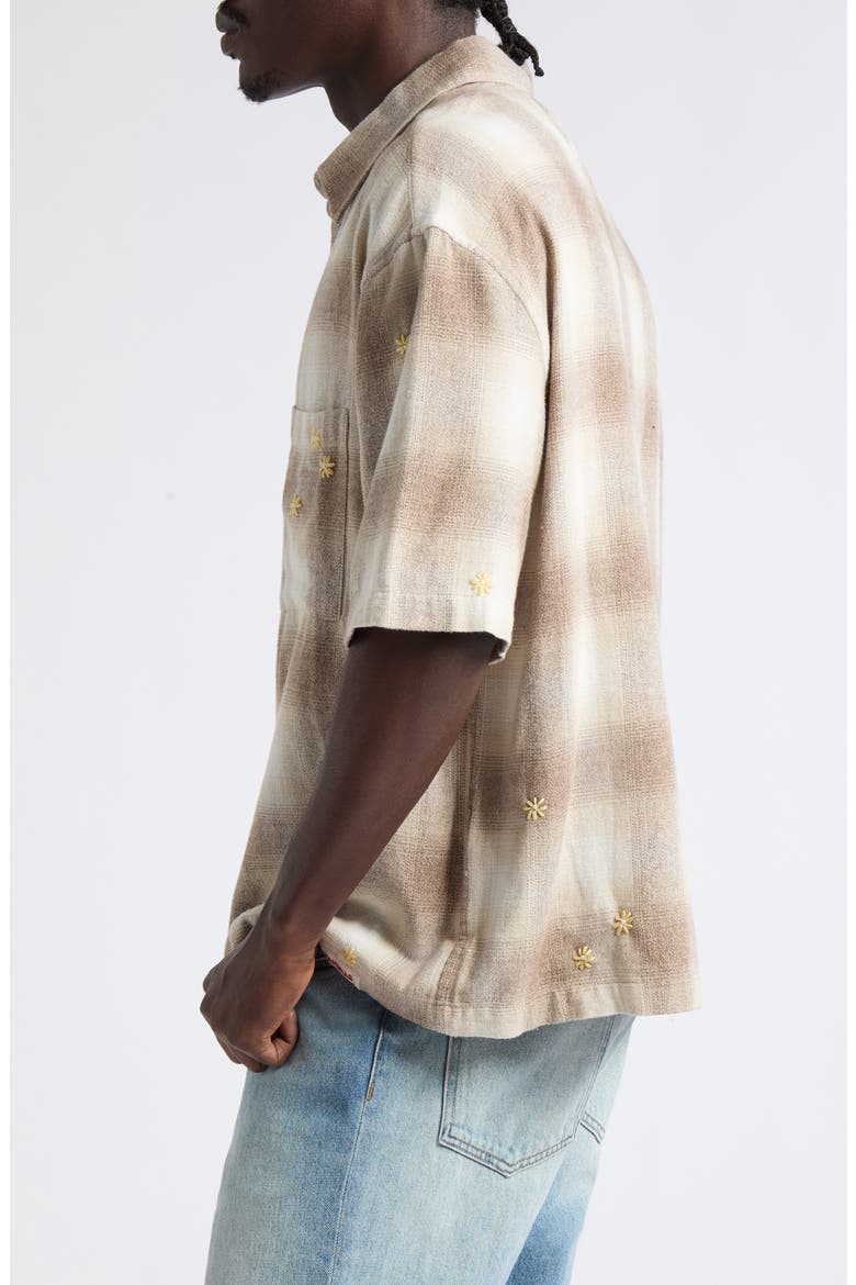 Oversize Floral Embroidered Plaid Short Sleeve Cotton Flannel Button-Up Shirt, Alternate, color, SAND