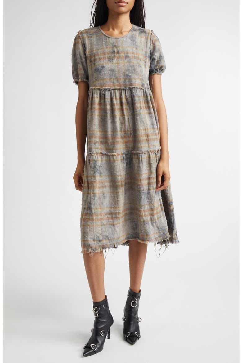 Plaid Shredded Relaxed Cotton Flannel Midi Dress, Main, color, OVERDYED LIGHT BLUE PLAID