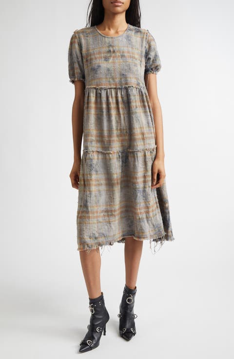 Plaid Shredded Relaxed Cotton Flannel Midi Dress