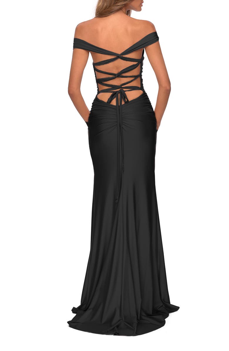 La Femme Off the Shoulder Dress with Tie Back and Slit, Alternate, color, Black