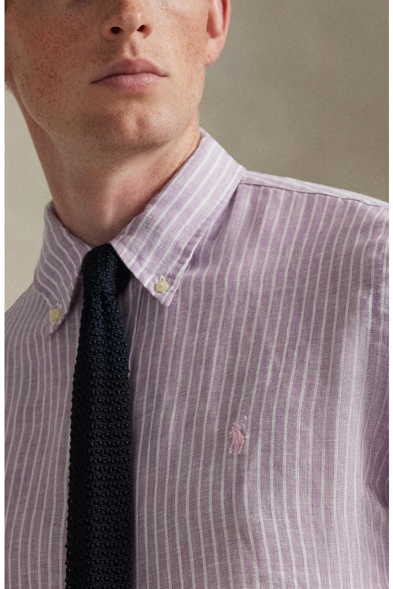 Classic Fit Stripe Linen Button-Down Shirt, Alternate, color, LAVENDER WHITE