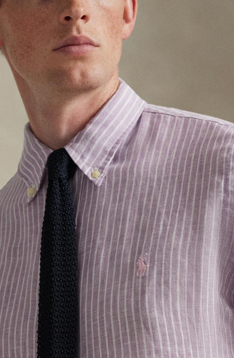 Polo Ralph Lauren Classic Fit Stripe Linen Button-Down Shirt, Alternate, color, Lavender White