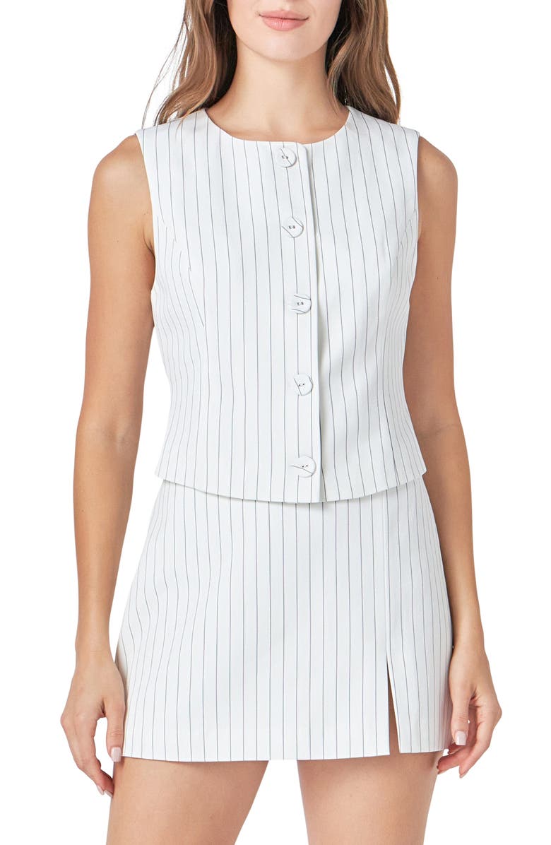 Endless Rose Pinstripe Button Front Vest, Main, color, White/ Black