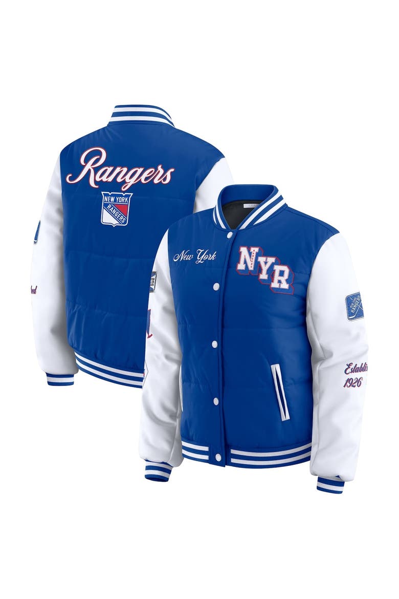 Women's WEAR by Erin Andrews Blue/White New York Rangers Varsity Full-Snap Puffer Jacket, Alternate, color, Blue