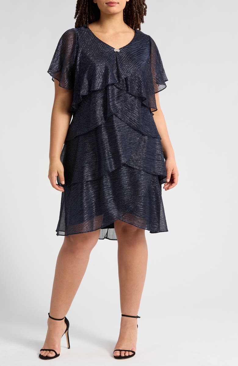 SLNY Shimmer Bodre Tiered Ruffle Dress, Main, color, Navy