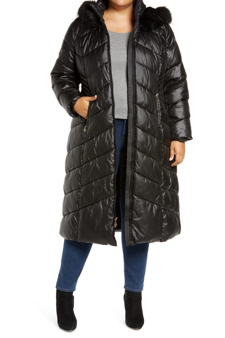 Long Quilted Parka with Faux Fur Trim, Main, color, BLACK