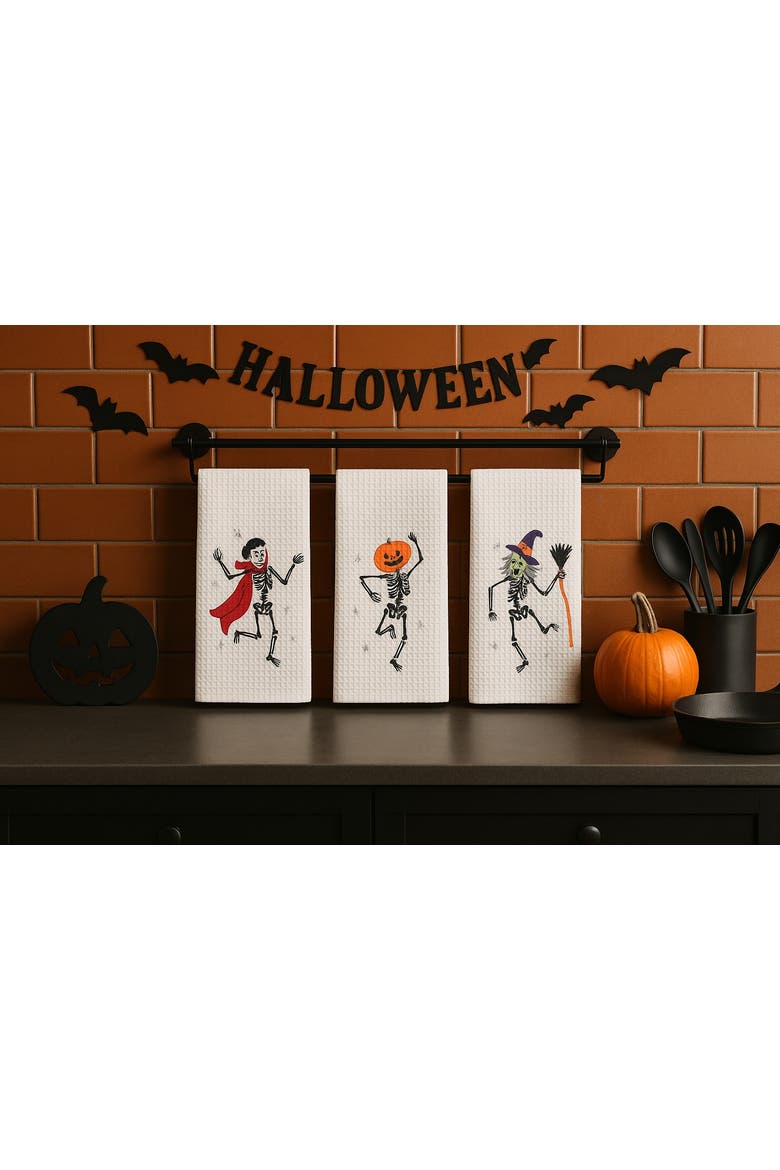 Dancing Skeleton Witch Halloween Embroidered 100% Cotton Waffle Weave Kitchen Dishtowel, Alternate, color, Green