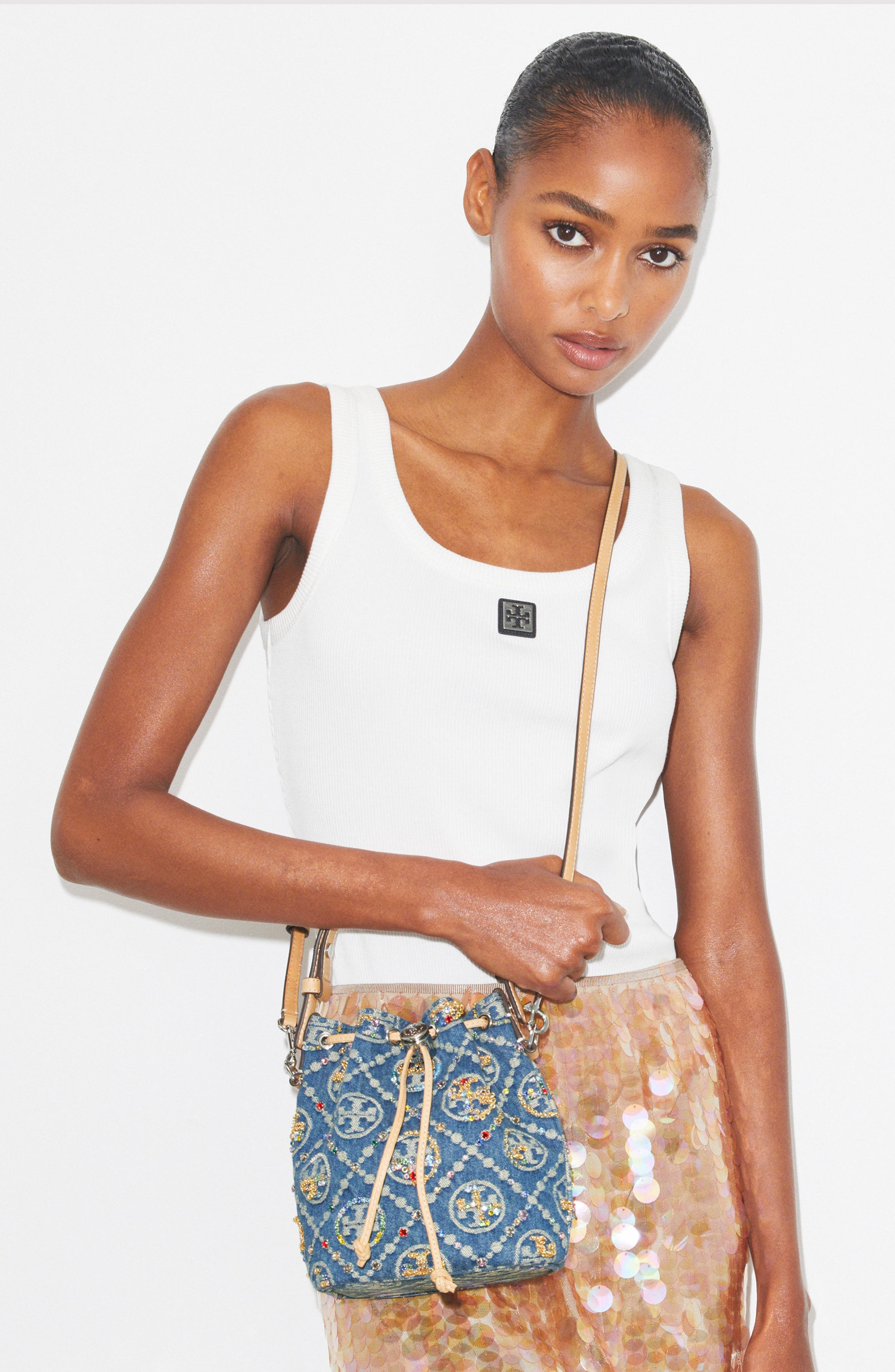 Tory Burch T Monogram Embellished Denim Bucket Bag, Alternate, color, 