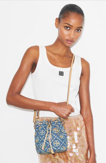 T Monogram Embellished Denim Bucket Bag