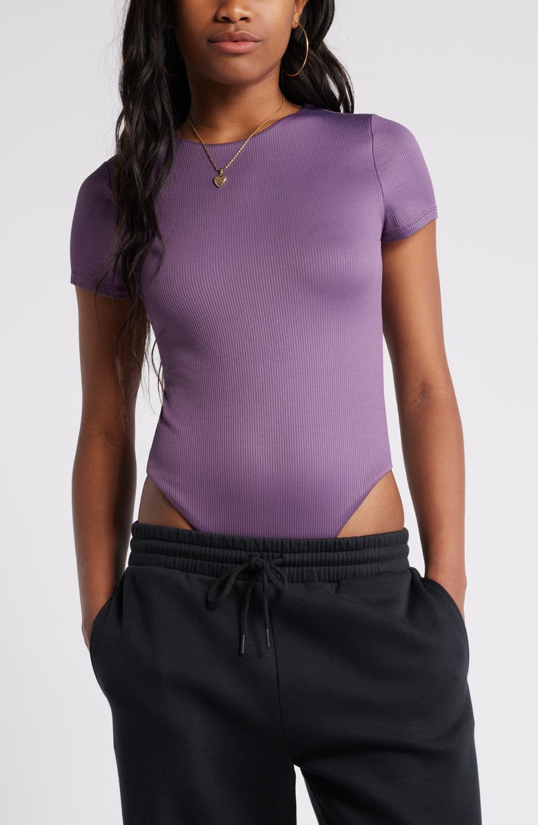 BP. Butter Short Sleeve Rib Bodysuit, Alternate, color, Purple Montana