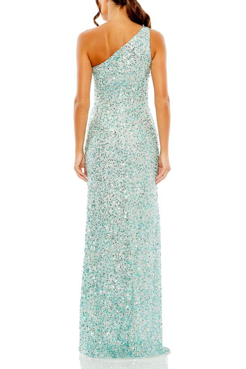 Mac Duggal Sequin One Shoulder Gown W/ Embellishments In Aqua